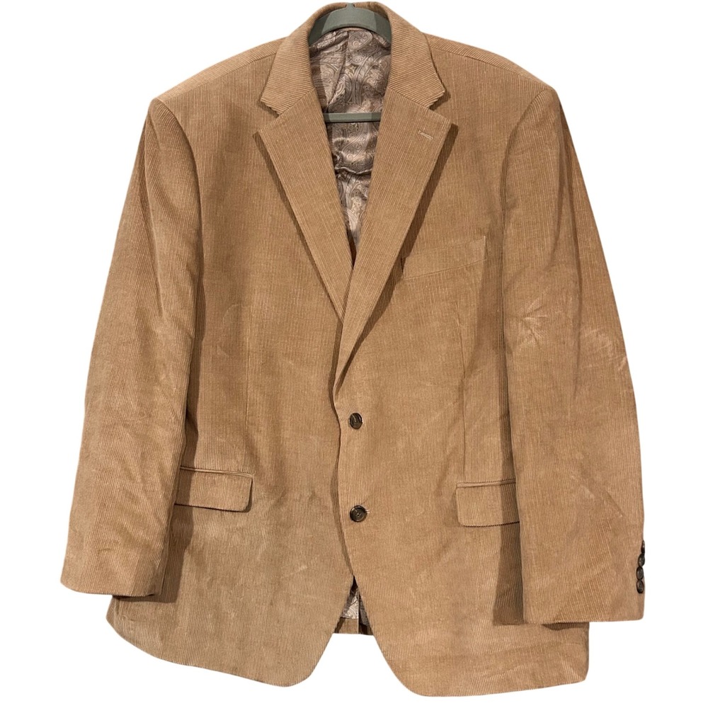 Chaps Mens Tan Corduroy Blazer Sport Coat 46R Cotton Two Button Paisley Lined